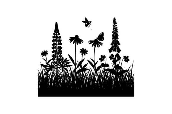 Black Silhouette of Flowers and Butterfl: Graphics & Illustrations