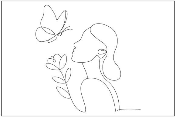 Butterfly Woman Flowers Line Art: Graphics & Illustrations