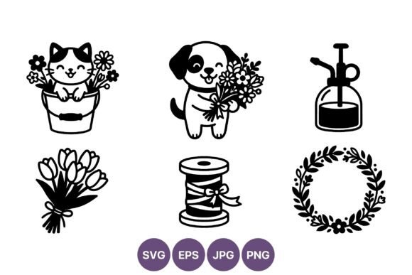 Cat Dog Flowers Gardening Line Art: Graphics & Illustrations