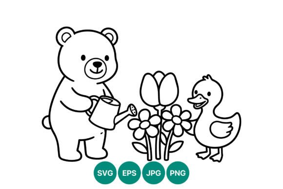 Cute Bear and Duck Watering Flowers: Graphics & Illustrations