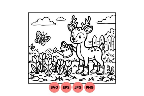 Cute Deer Watering Flowers Svg: Graphics & Illustrations