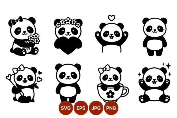 Cute Panda Bears with Flowers Hearts: Graphics & Illustrations