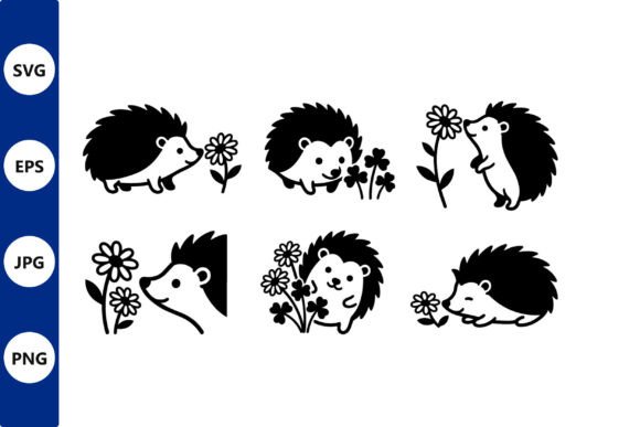Hedgehog Silhouettes with Flowers in: Graphics & Illustrations