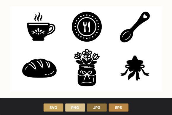 Kitchen Icons: Bread, Cup & Flower Graphics