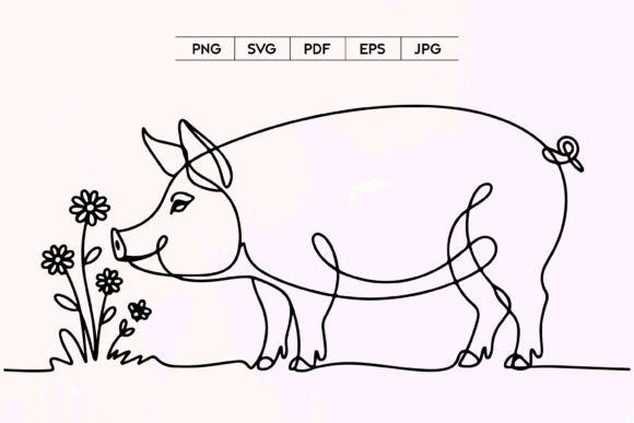 Pig with Flowers Line Art: Graphics & Illustrations