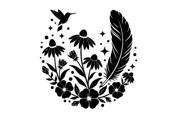 Silhouette of Hummingbird Flowers and Fe: Graphics & Illustrations