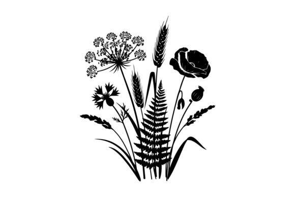 Silhouette of Various Flowers and Wheat: Graphics & Illustrations