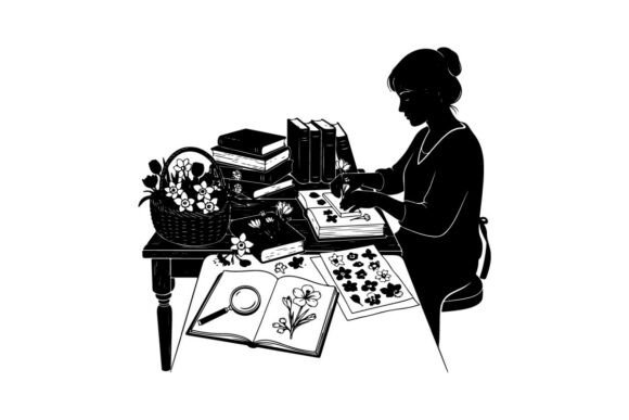 Silhouette of Woman Studying Flowers: Graphics & Illustrations