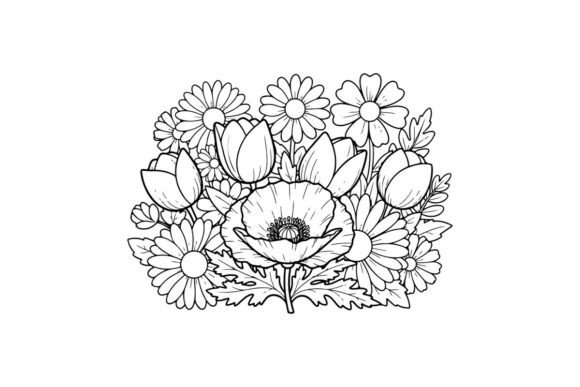 White Daisies & Poppy Bouquet: Graphics & Illustrations
