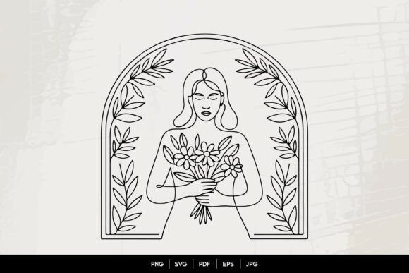 Woman with Flowers Line Art: Graphics & Illustrations